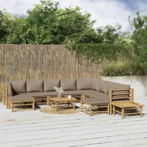 12peças conj. lounge jardim bambu almofadões cinzento-acastanhado Clicnbuy