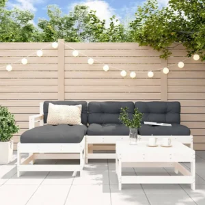 5peças conjunto lounge jardim com almofadões madeira maciç branco Clicnbuy