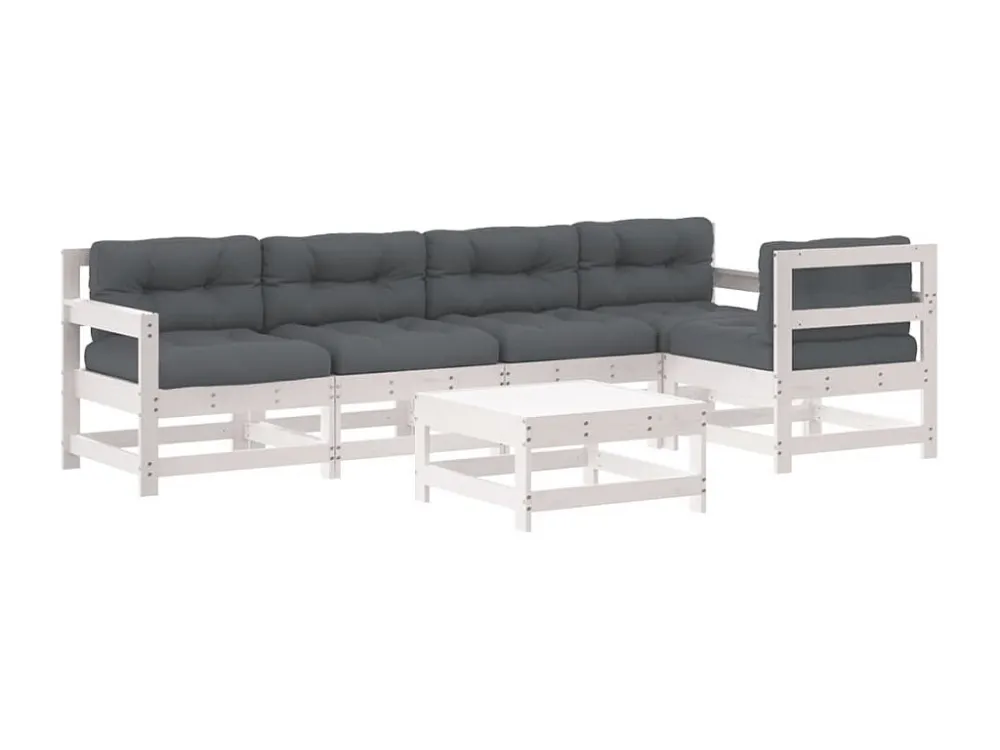 6peças conjunto lounge jardim com almofadões madeira maciç branco Clicnbuy