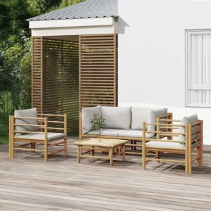 5 peças conj. lounge de jardim bambu com almofadões cinzento-claro Clicnbuy