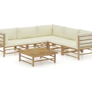 6 peças conj. lounge para jardim em bambu com almofadões branco nata Clicnbuy