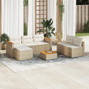 5 peças conj. sofás para jardim com almofadões vime PE/acácia bege Clicnbuy
