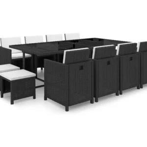 13 peças conjunto jantar exterior com almofadões vime PE preto Clicnbuy