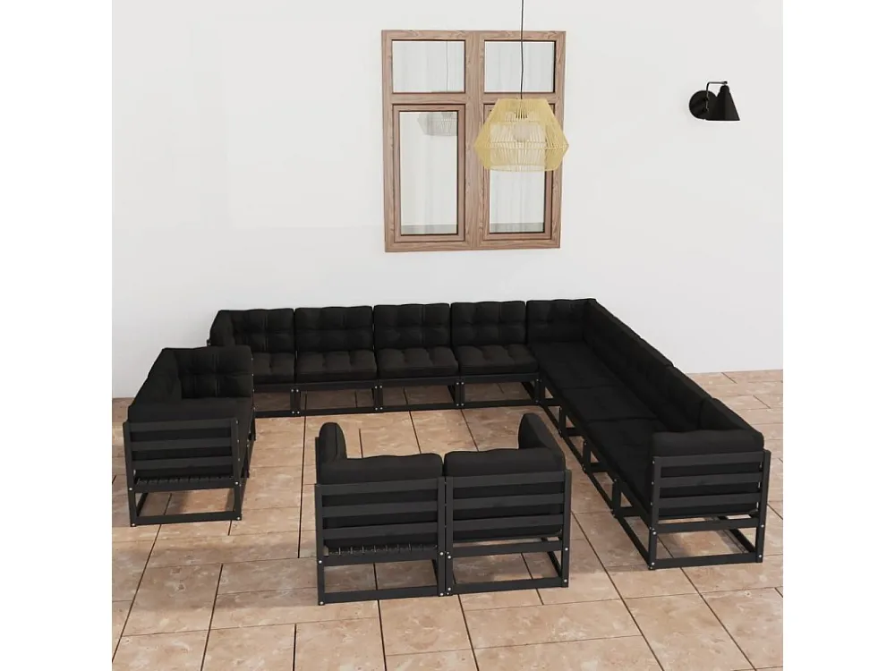 13 peças conjunto longue jardim com almofadões pinho maciço preto Clicnbuy