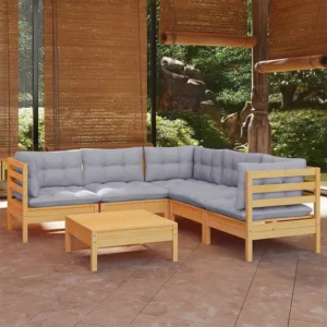 6 peças conjunto lounge de jardim + almofadões cinza pinho maciço Clicnbuy