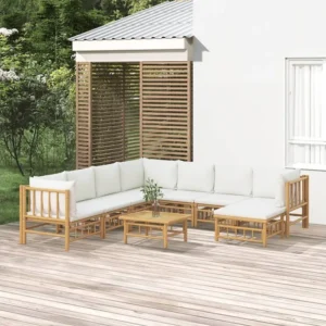 9 peças conjunto lounge de jardim bambu com almofadões branco nata Clicnbuy