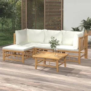 5 peças conjunto lounge de jardim bambu com almofadões branco nata Clicnbuy