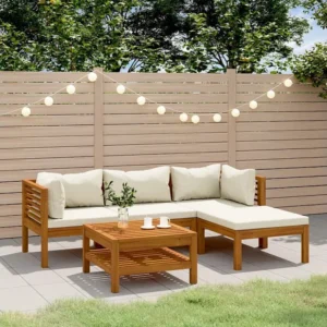 5 peças conjunto lounge jardim com almofadões creme acácia maciç Clicnbuy