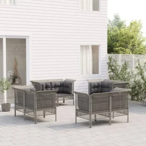 8 peças conjunto lounge de jardim com almofadões vime PE cinzento Clicnbuy