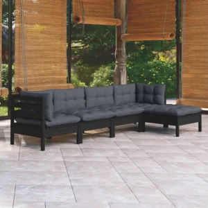 5 peças conjunto lounge de jardim com almofadões pinho preto Clicnbuy