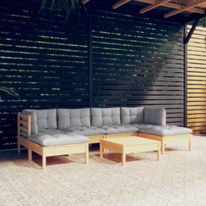 7 peças conjunto lounge de jardim com almofadões cinzentos pinho Clicnbuy