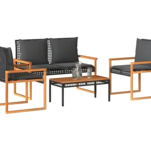 4 peças conjunto lounge de jardim com almofadões vime PE preto Clicnbuy
