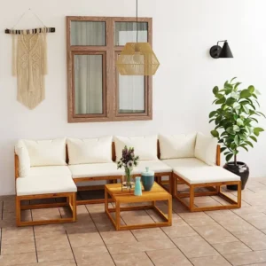 7 peças conjunto lounge jardim com almofadões acácia maciç creme Clicnbuy