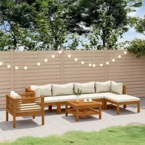 7 peças conjunto lounge jardim com almofadões creme acácia maciç Clicnbuy