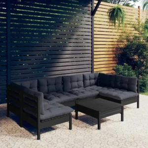 7 peças conjunto lounge jardim com almofadões pinho maciço preto Clicnbuy