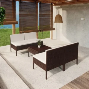 5 peças conjunto lounge jardim com almofadões vime PE castanho Clicnbuy