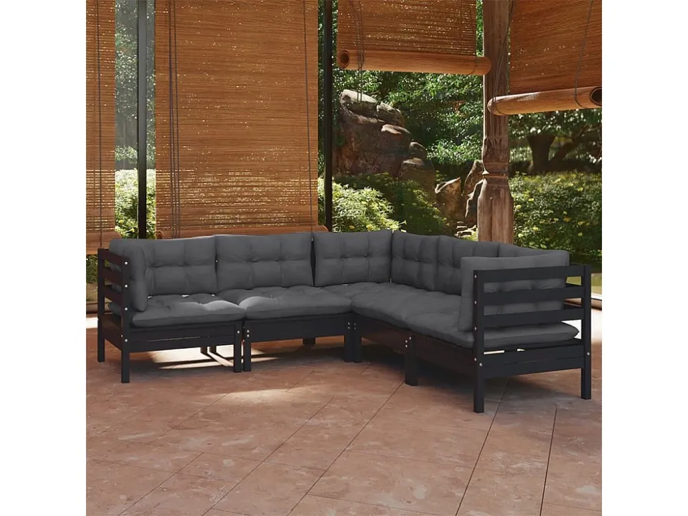 5 peças conjunto lounge jardim com almofadões pinho maciço preto Clicnbuy