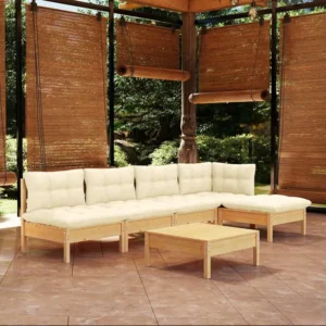 6 peças conjunto lounge jardim com almofadões cor creme pinho Clicnbuy
