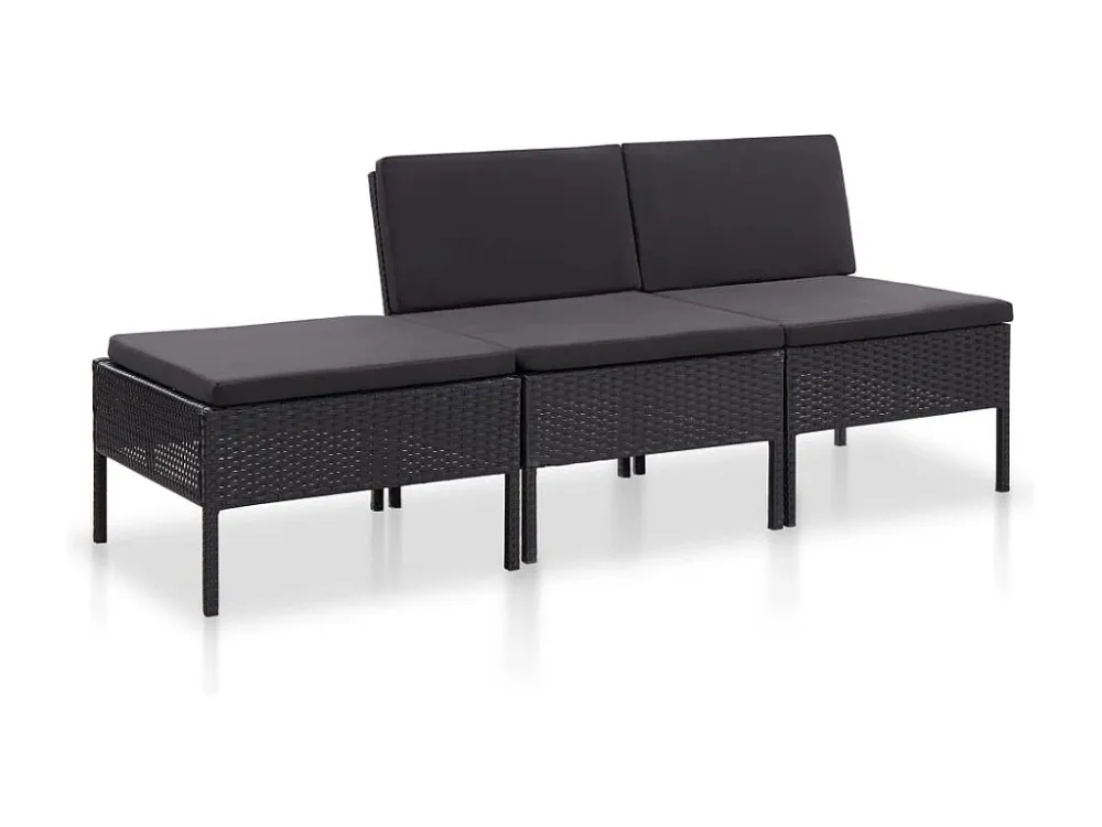 3 peças conjunto lounge de jardim com almofadões vime PE preto Clicnbuy
