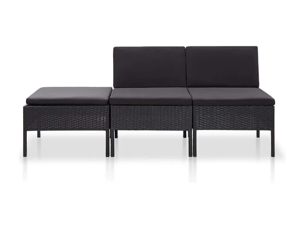 3 peças conjunto lounge de jardim com almofadões vime PE preto Clicnbuy