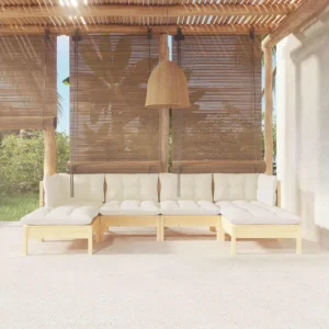 6 peças conjunto lounge jardim com almofadões cor creme pinho Clicnbuy