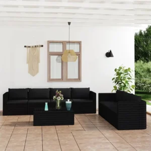 8 peças conjunto lounge de jardim com almofadões vime PE preto Clicnbuy
