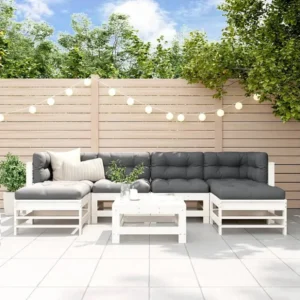 7 peças conjunto lounge de jardim pinho maciço branco Clicnbuy