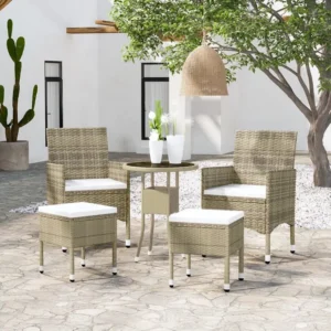 5 peças conjunto lounge de jardim vime PE bege Clicnbuy