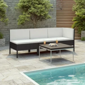3 peças conjunto lounge para jardim com almofadões vime PE preto Clicnbuy