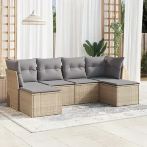 6 peças conjunto de sofás para jardim com almofadões vime PE bege Clicnbuy