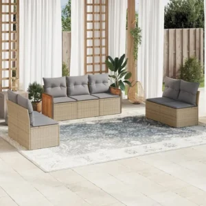 7 peças conjunto de sofás para jardim com almofadões vime PE bege Clicnbuy