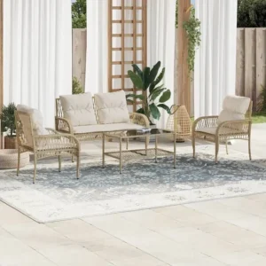 4 peças conjunto de sofás para jardim com almofadões vime PE bege Clicnbuy