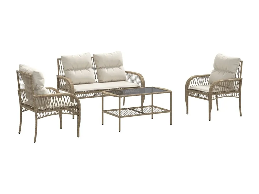 4 peças conjunto de sofás para jardim com almofadões vime PE bege Clicnbuy