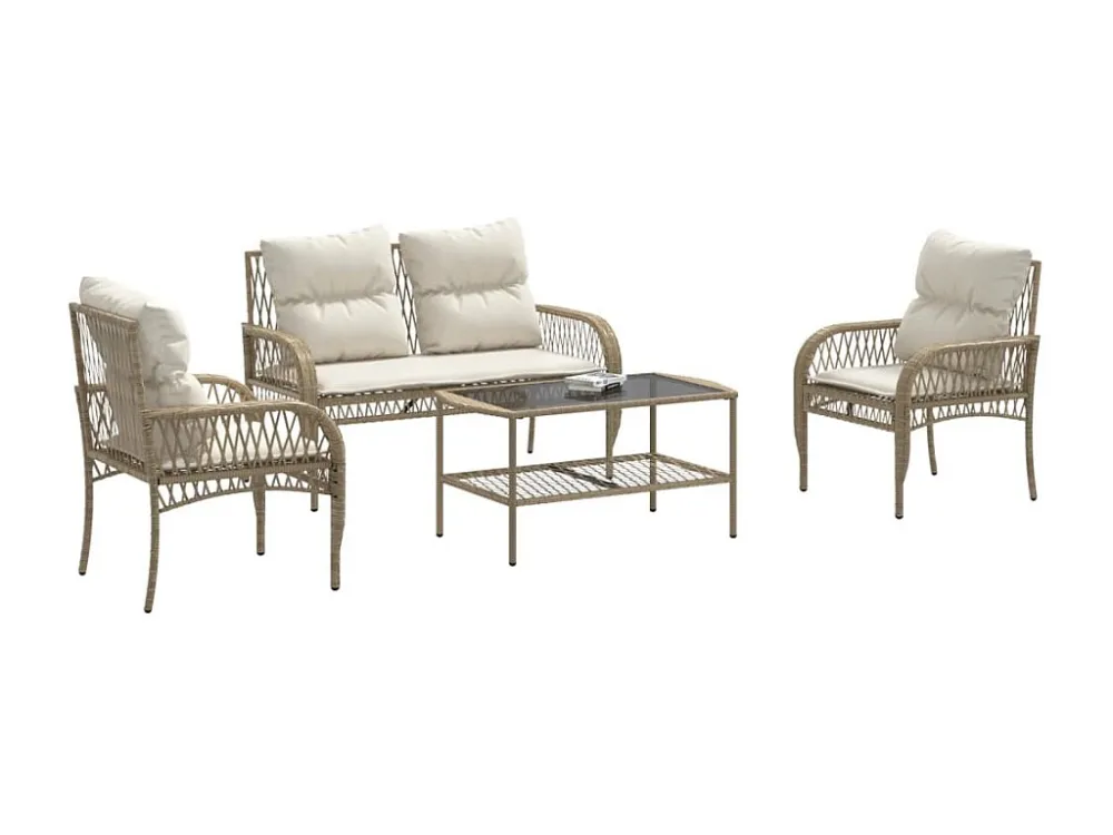 4 peças conjunto de sofás para jardim com almofadões vime PE bege Clicnbuy