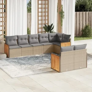 8 peças conjunto de sofás para jardim com almofadões vime PE bege Clicnbuy