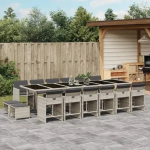 17 peças conj. jantar jardim com almofadões vime PE cinzento-claro Clicnbuy