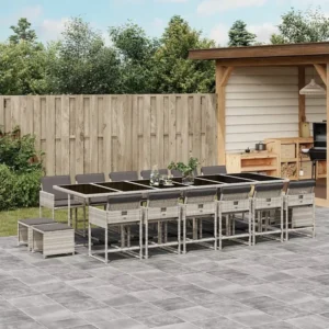 17 peças conj. jantar jardim com almofadões vime PE cinzento-claro Clicnbuy