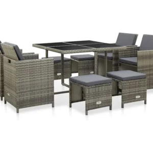 9 peças conjunto jantar exterior com almofadões vime PE cinzento Clicnbuy