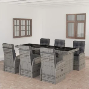 7 peças conjunto jantar exterior com almofadões vime PE cinzento Clicnbuy