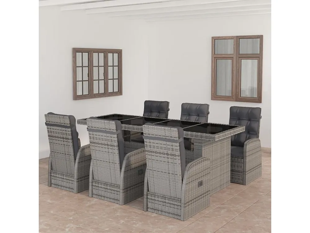 7 peças conjunto jantar exterior com almofadões vime PE cinzento Clicnbuy