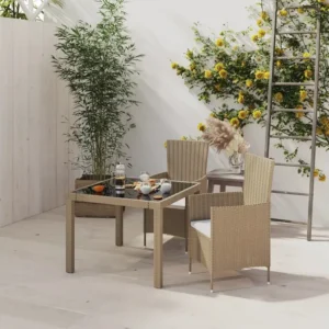 3 peças conjunto de jantar para exterior com almofadões vime PE bege Clicnbuy