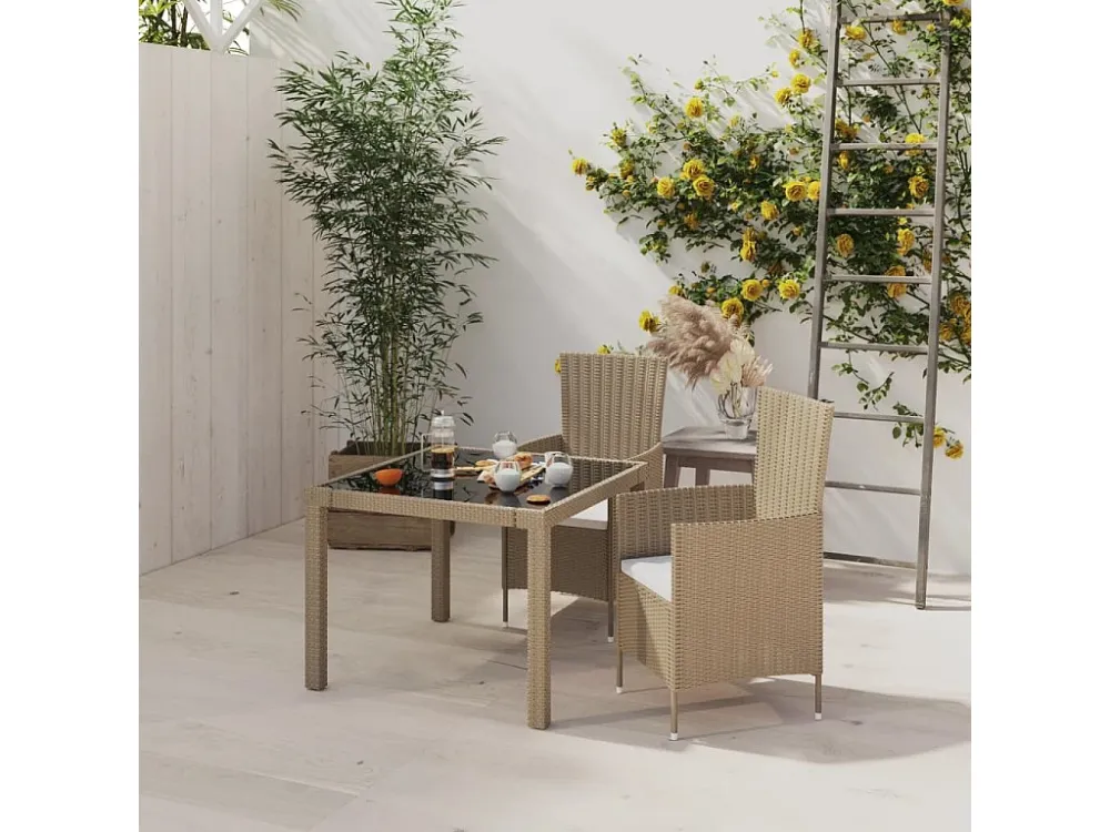 3 peças conjunto de jantar para exterior com almofadões vime PE bege Clicnbuy