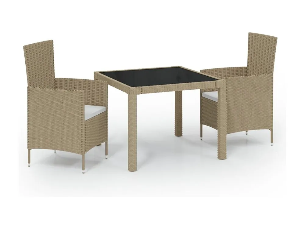 3 peças conjunto de jantar para exterior com almofadões vime PE bege Clicnbuy