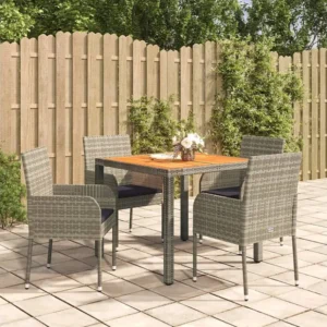 5 peças conjunto de jantar para jardim com almofadões vime PE cinza Clicnbuy
