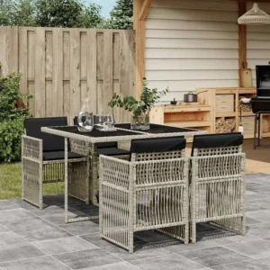 5 peças conjunto de jantar para jardim com almofadões cinzento claro Clicnbuy