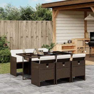 7 peças conjunto jantar para jardim com almofadões vime PE castanho Clicnbuy