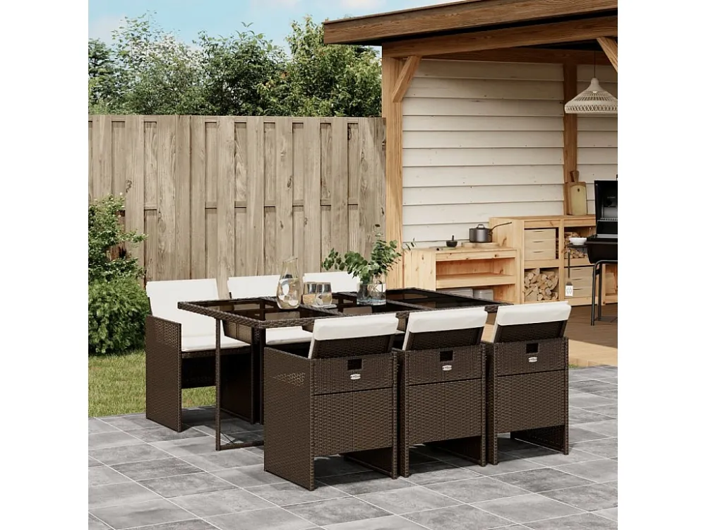 7 peças conjunto jantar para jardim com almofadões vime PE castanho Clicnbuy