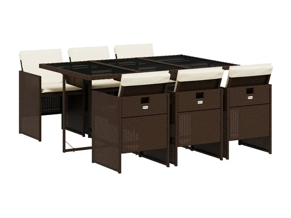 7 peças conjunto jantar para jardim com almofadões vime PE castanho Clicnbuy