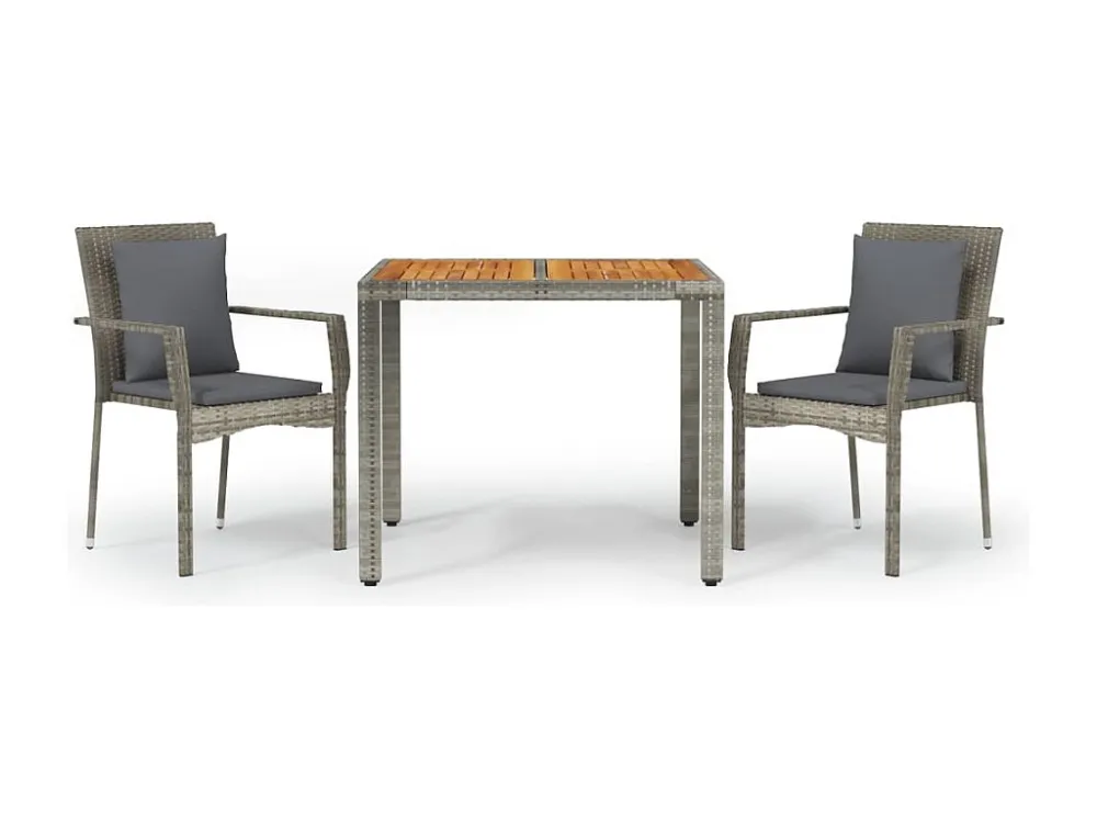 3 peças conjunto de jantar para jardim com almofadões vime PE cinza Clicnbuy