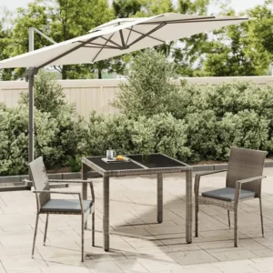 3 peças conjunto de jantar para jardim com almofadões vime PE cinza Clicnbuy
